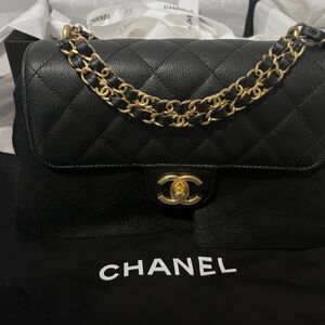 25P CHANEL Black Calfskin Small Rectangular Interwoven Chain Top Handl Flap
